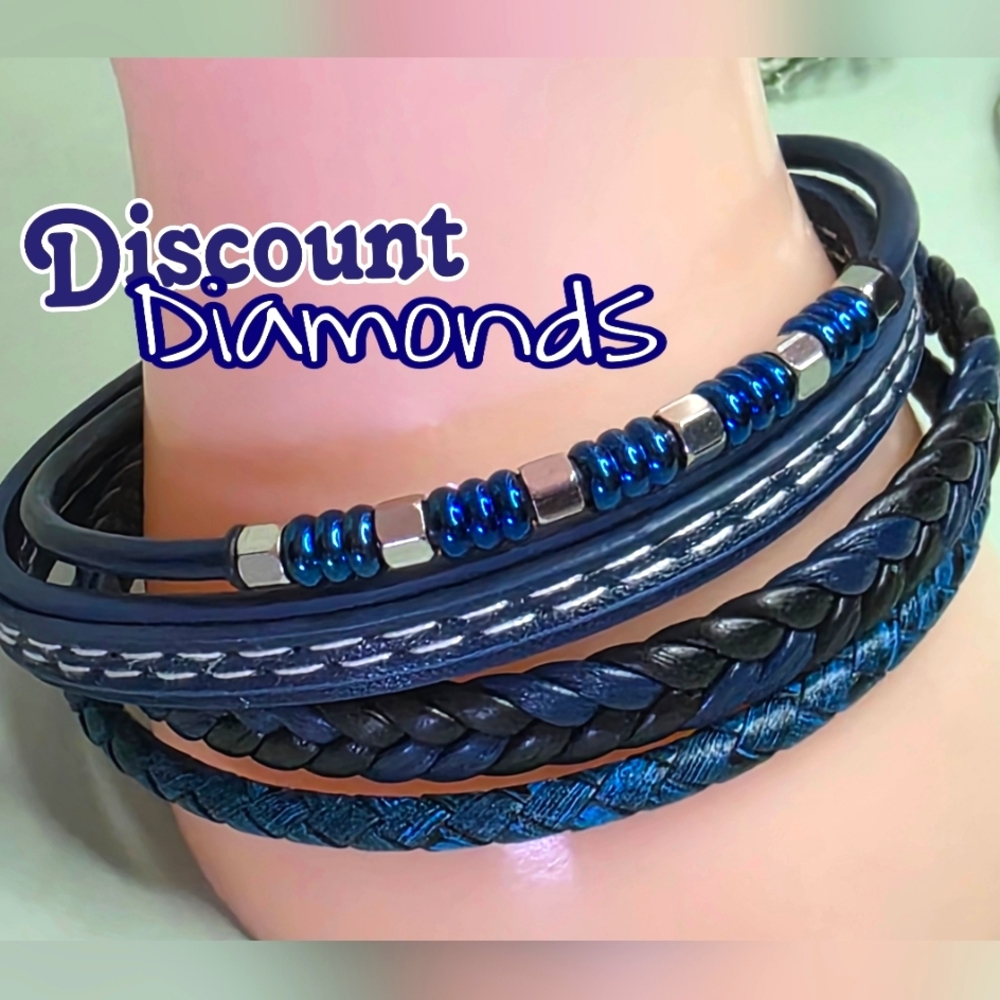 Men's Blue Genuine Braided  Leather & Blue & Silver Titanium